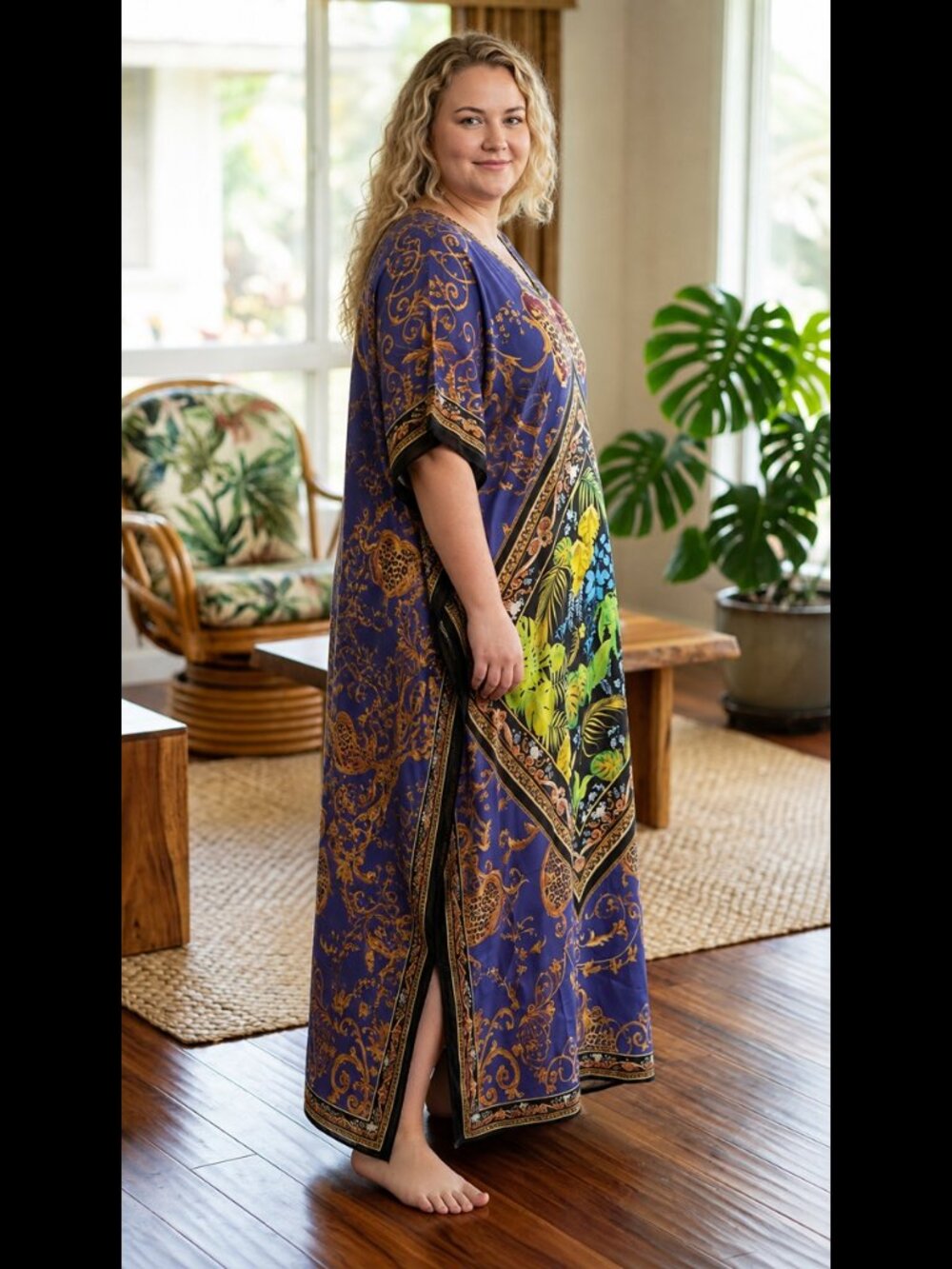 Royal Purple Animal Tropical Print Satin Silk Kaftan | Plus Size - Picture 3 of 6